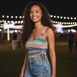 Poster Girl Womens Large Y2K Zigzag Mesh Ruched Tie Side Crop Tank Top Colorful